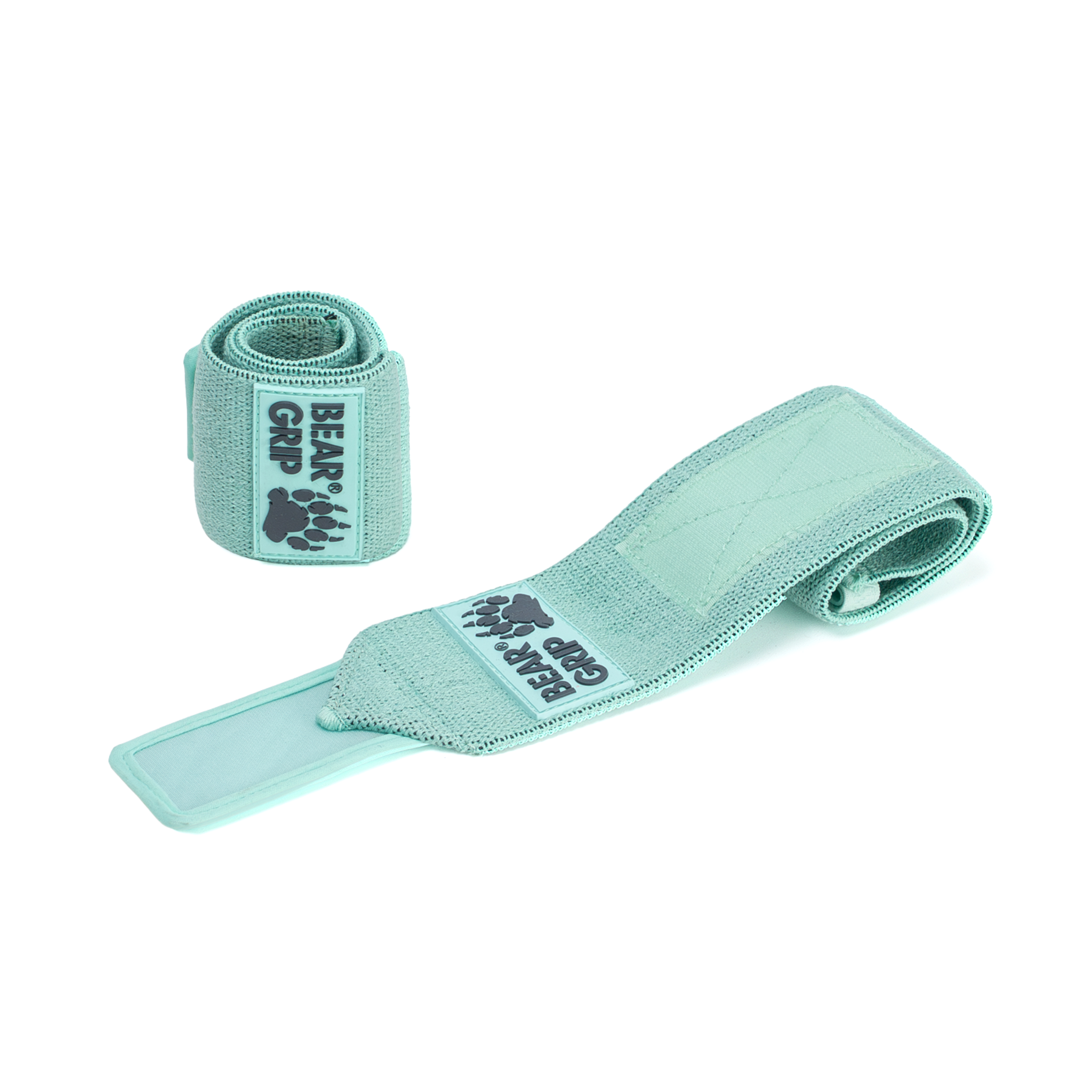 BEAR GRIP aqua wrist wraps, one upright and one laid flat, with textured straps and logo patch on a white background.