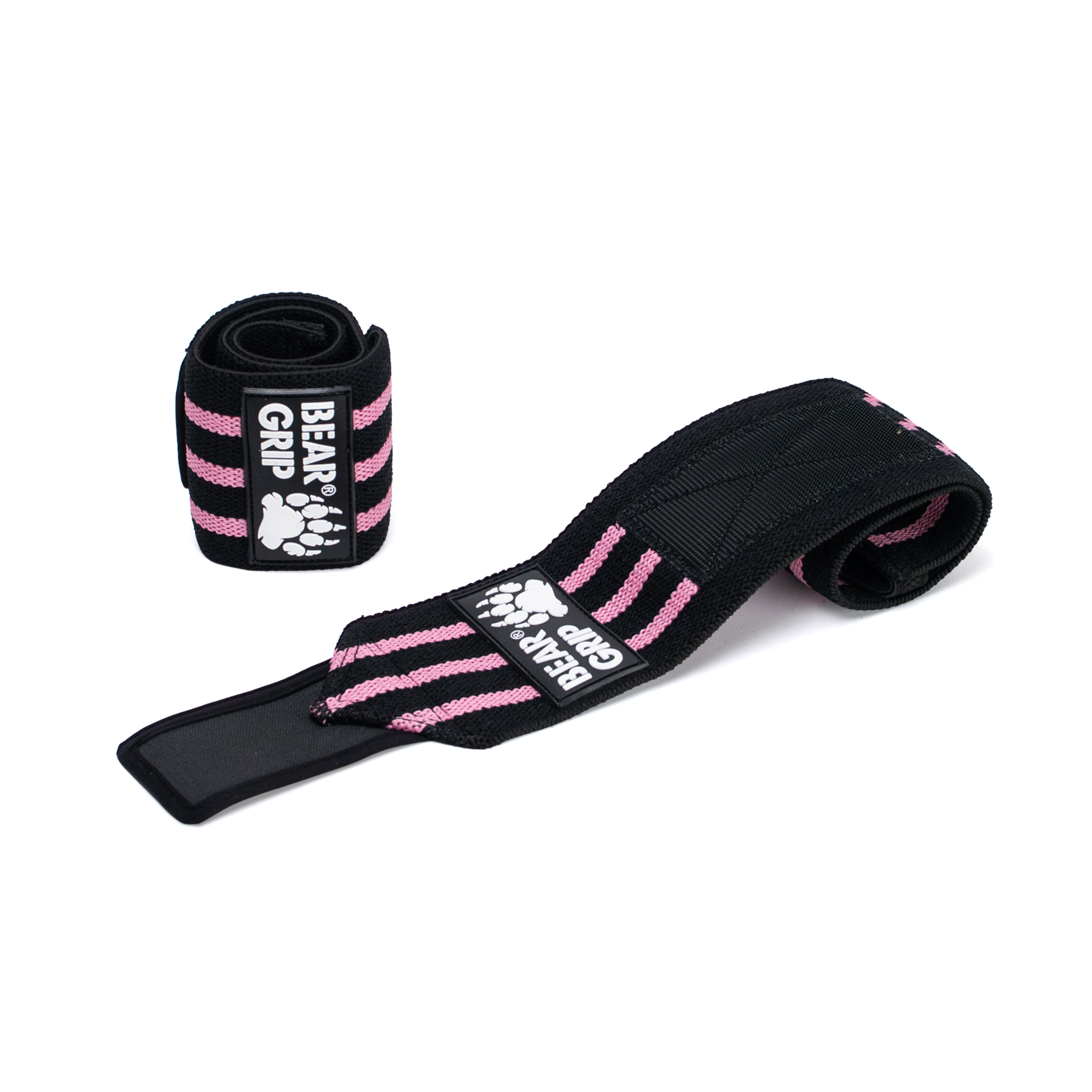 BEAR GRIP black and pink wrist wraps, one upright and one laid flat, with textured straps and logo patch on a white background.