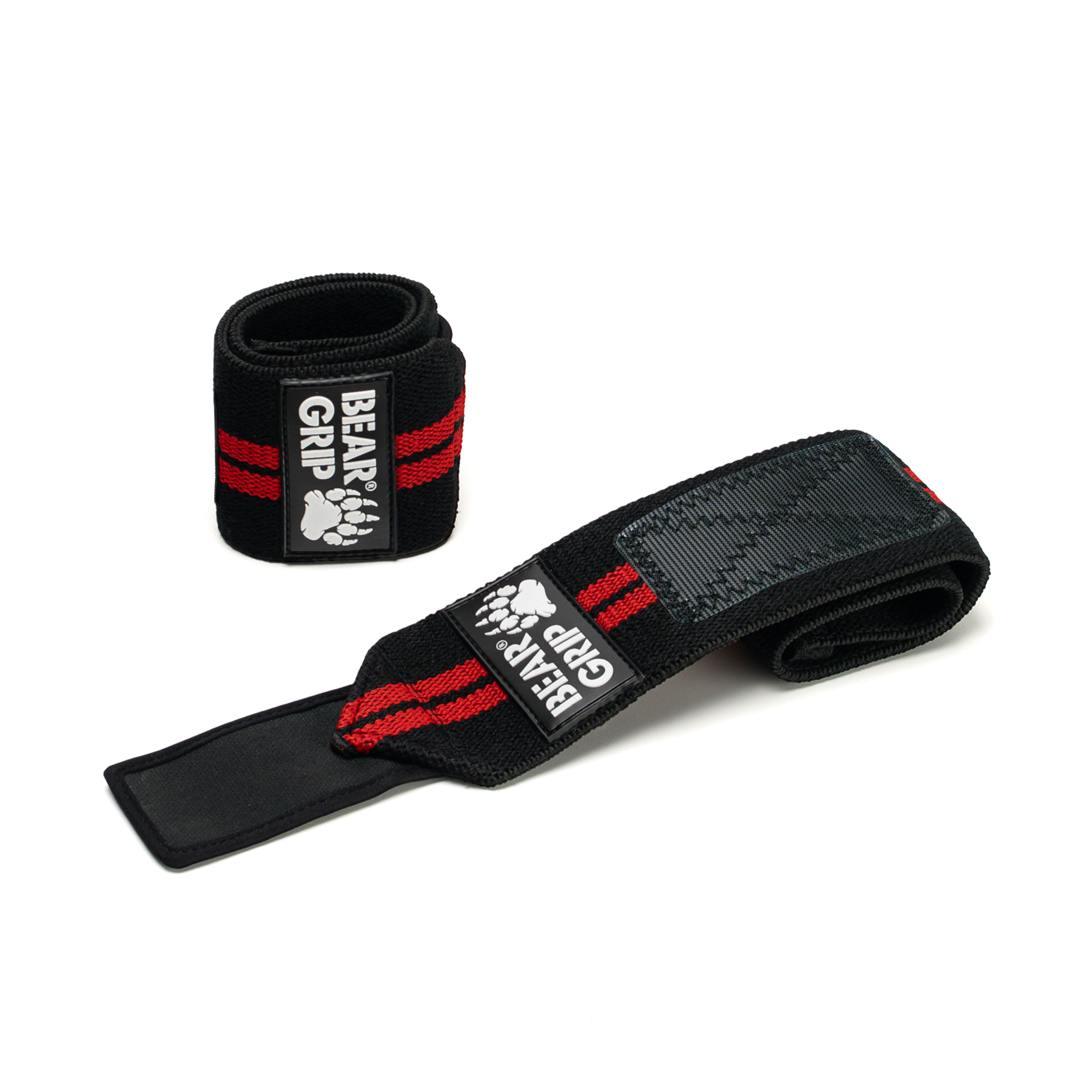 BEAR GRIP black and red wrist wraps, one upright and one laid flat, with textured straps and logo patch on a white background.