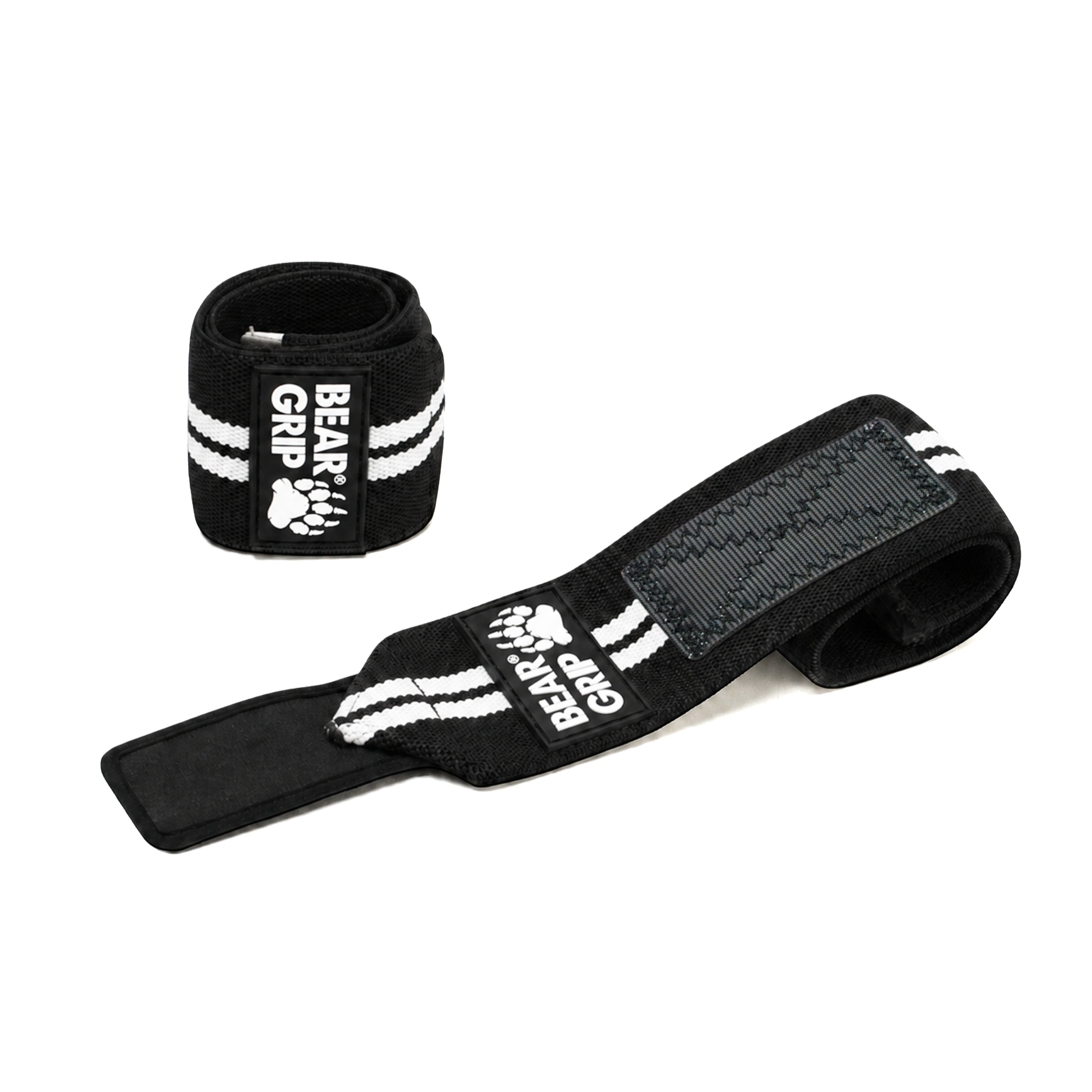 BEAR GRIP black and white wrist wraps, one upright and one laid flat, with textured straps and logo patch on a white background.