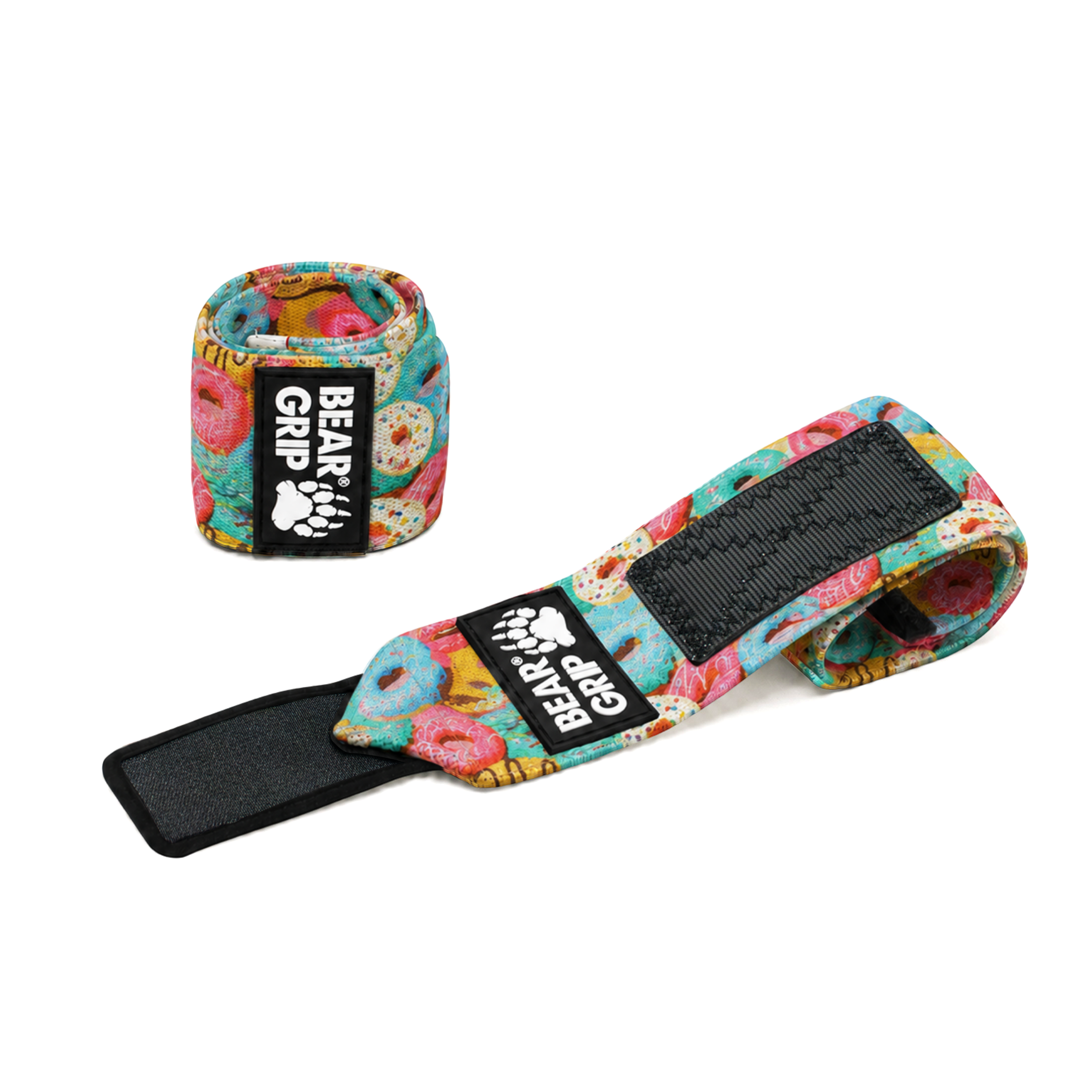 BEAR GRIP donut wrist wraps, one upright and one laid flat, with textured straps and logo patch on a white background.