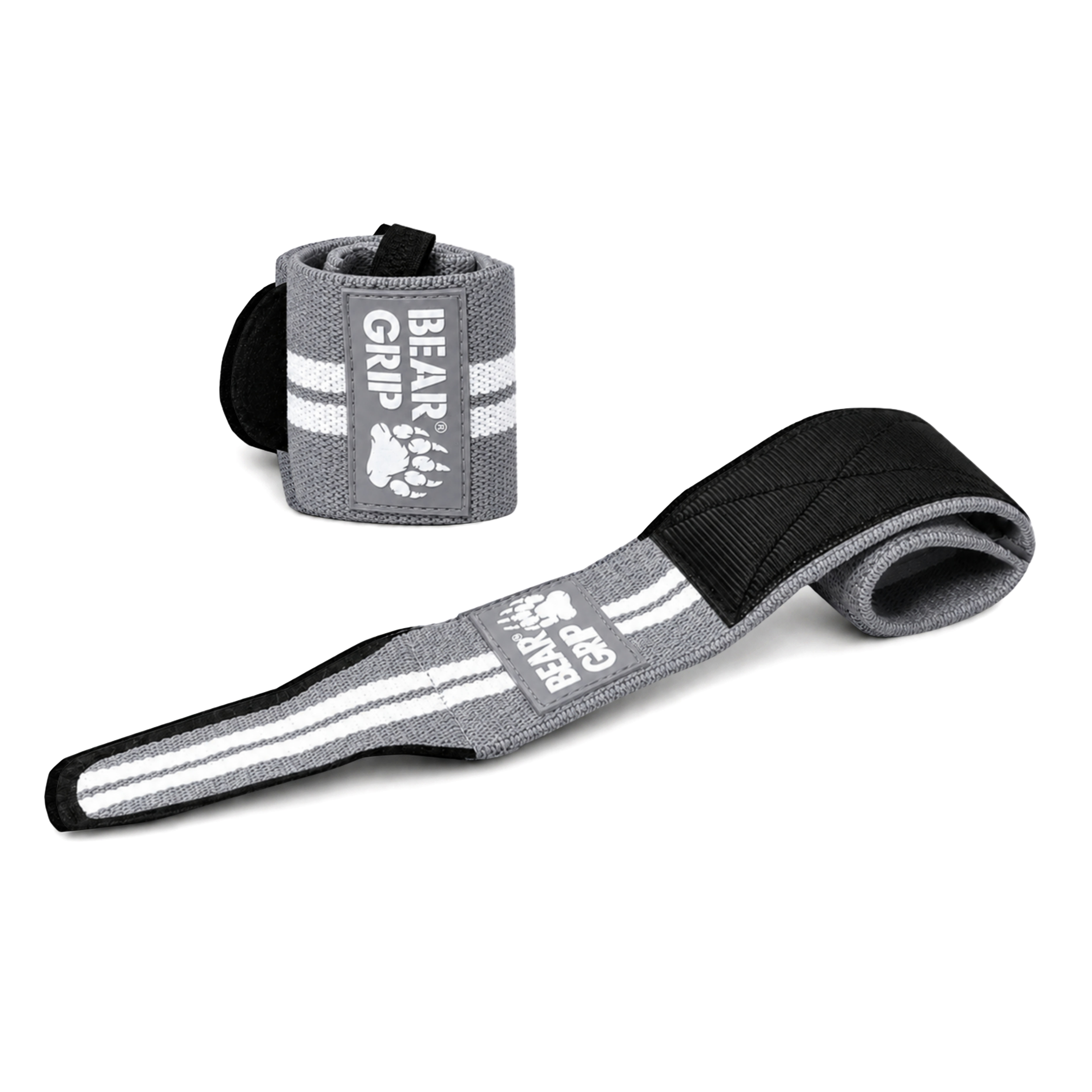 BEAR GRIP Grey and White Edge wrist wraps, one upright and one laid flat, with textured straps and logo patch on a white background.