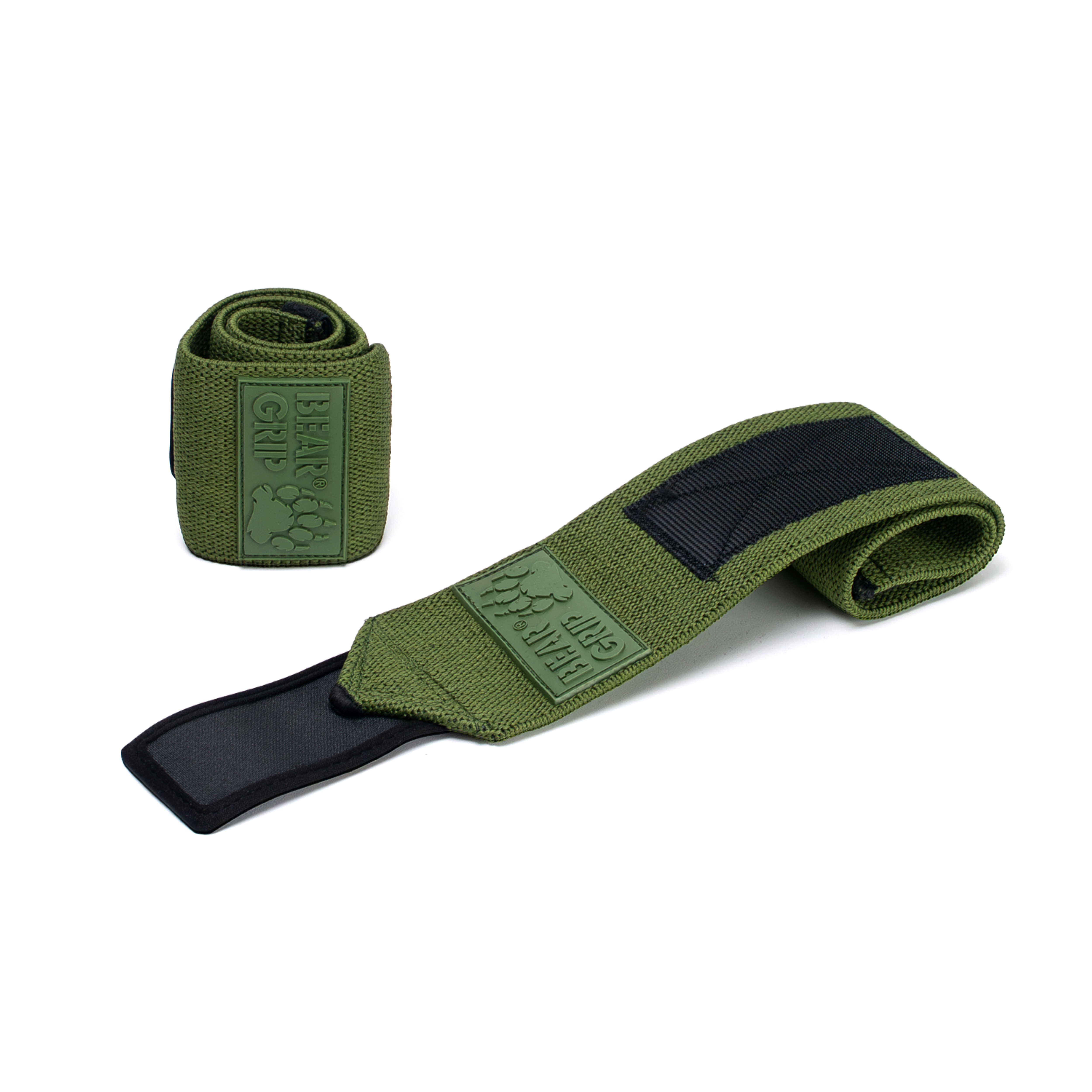 BEAR GRIP khaki wrist wraps, one upright and one laid flat, with textured straps and logo patch on a white background.
