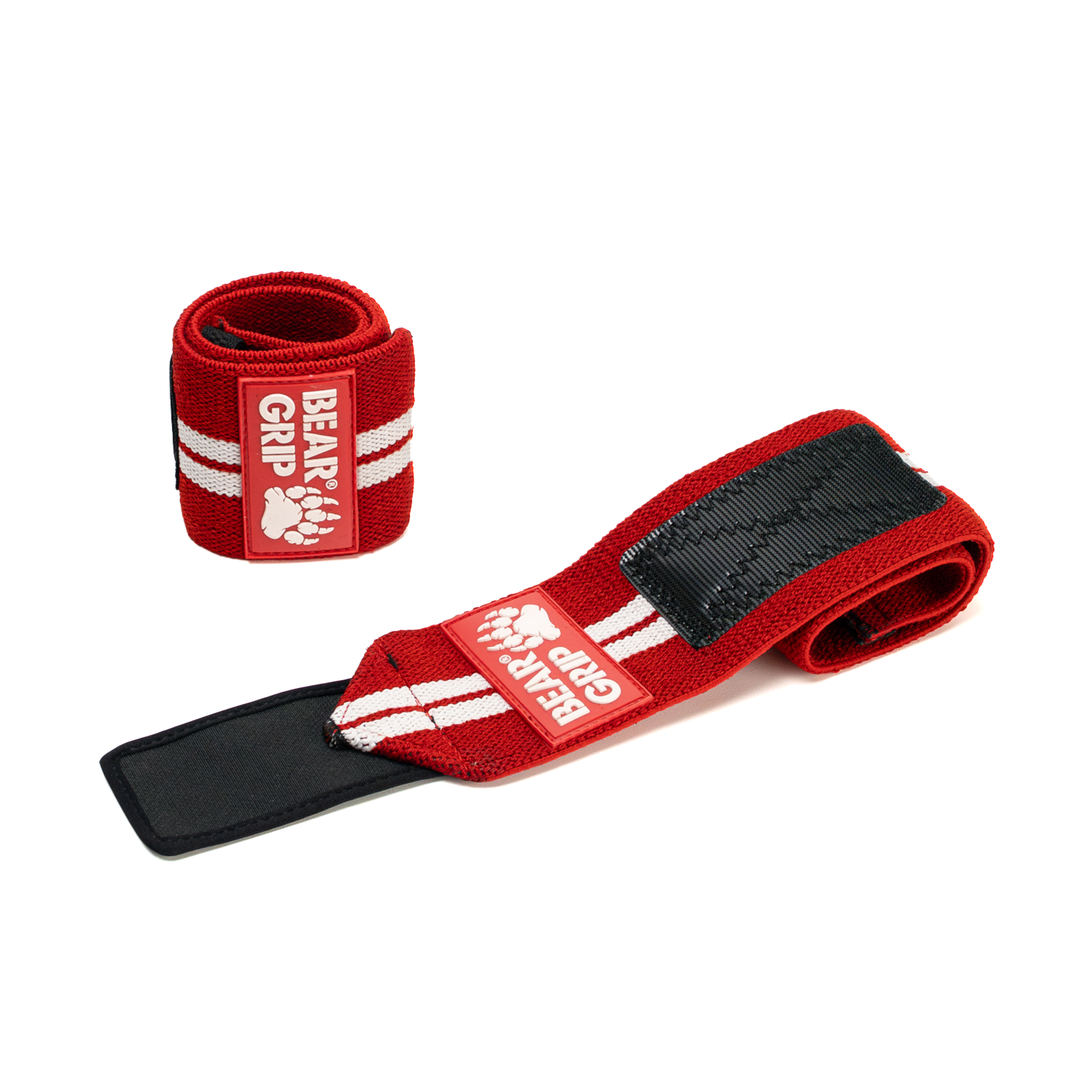 BEAR GRIP red and white wrist wraps, one upright and one laid flat, with textured straps and logo patch on a white background.