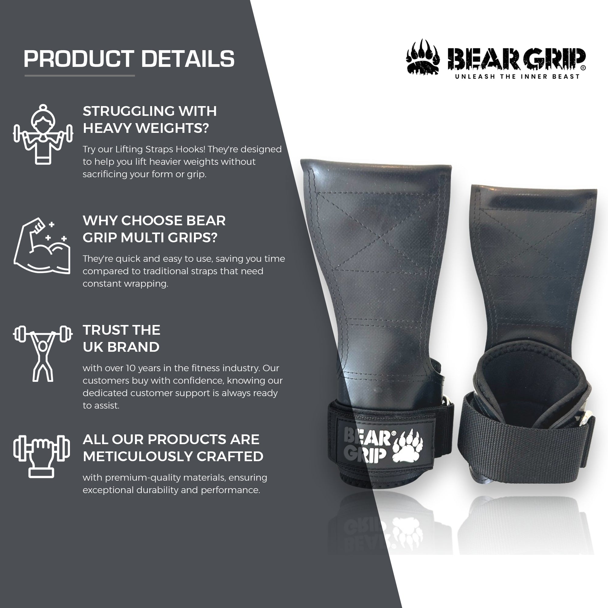 BEAR GRIP - Multi Grip Straps, Heavy Duty Weight Lifting Straps