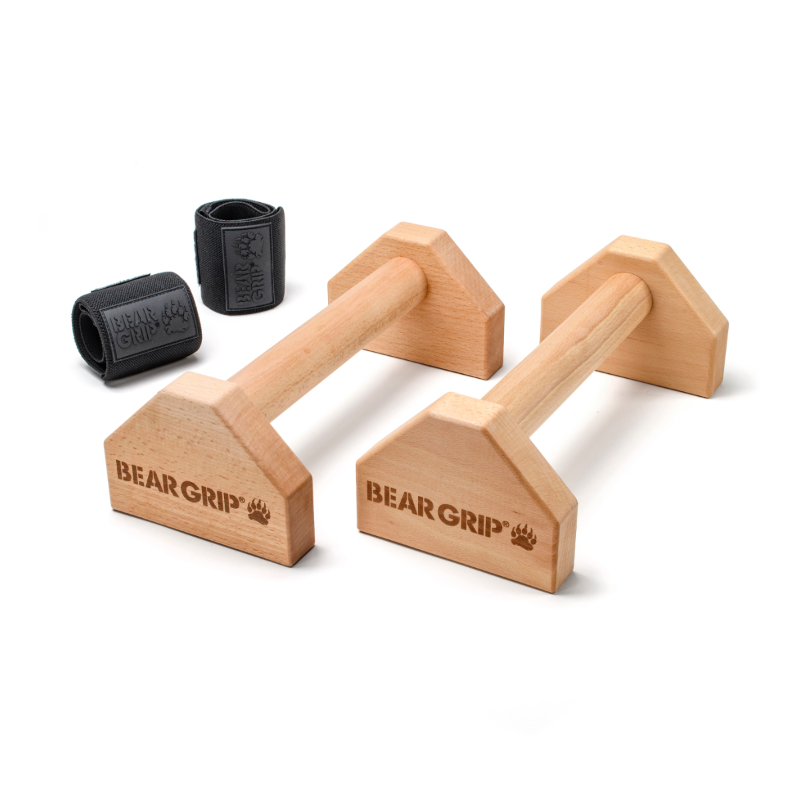 Wooden Parallettes Push Up Bars with Wrist Wraps