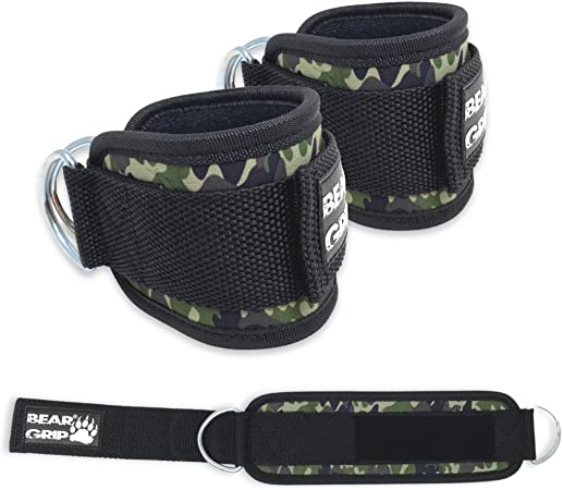 BEAR GRIP - Ankle Straps for Cables (Pairs) - Strong Closure, Double Stainless Steel D-Ring, Adjustable Neoprene - Premium Ankle Cuffs to Enhance Abs, Glute & Leg Workouts - For Men & Women