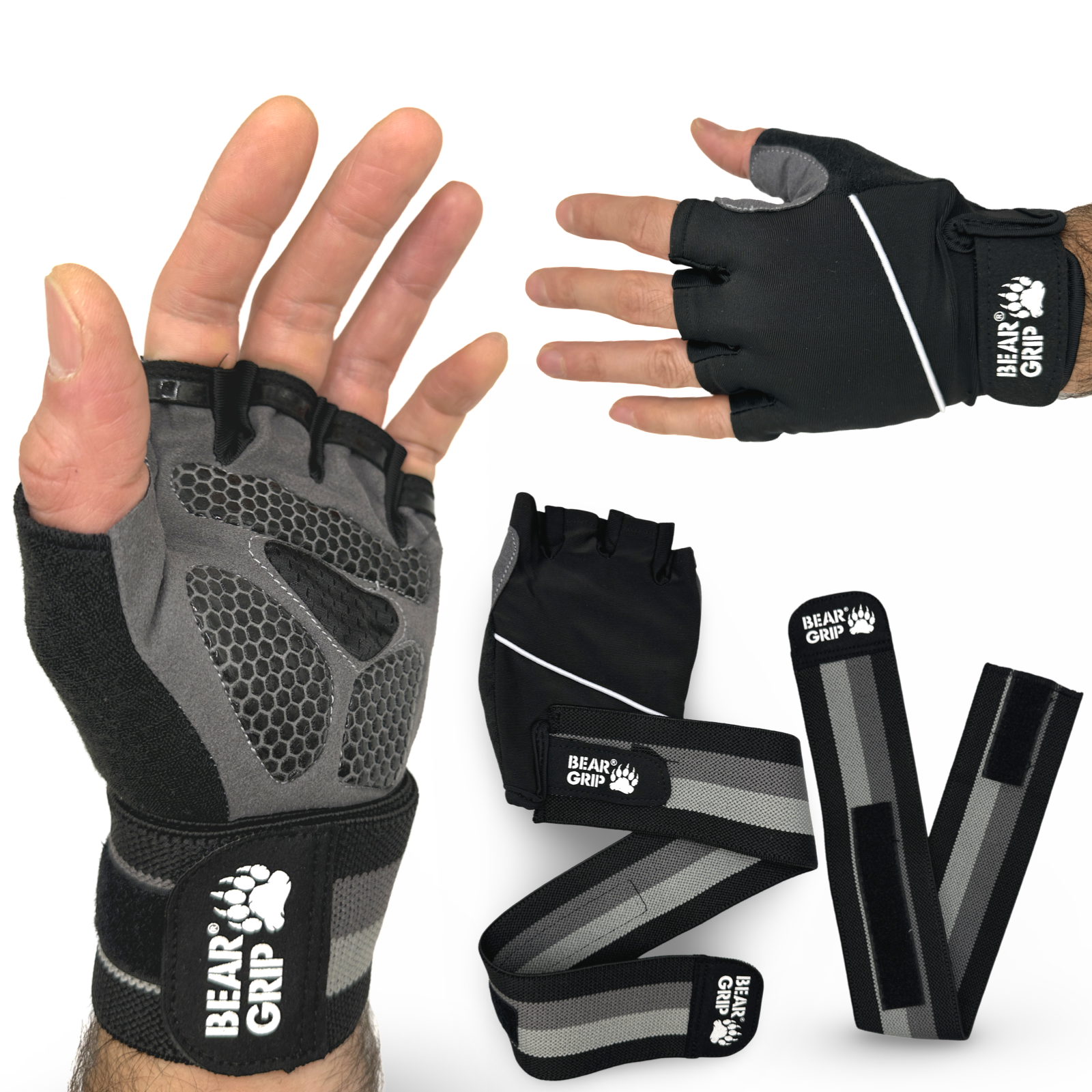 BEAR GRIP Weightlifting Gloves - Detachable Wrist Wraps