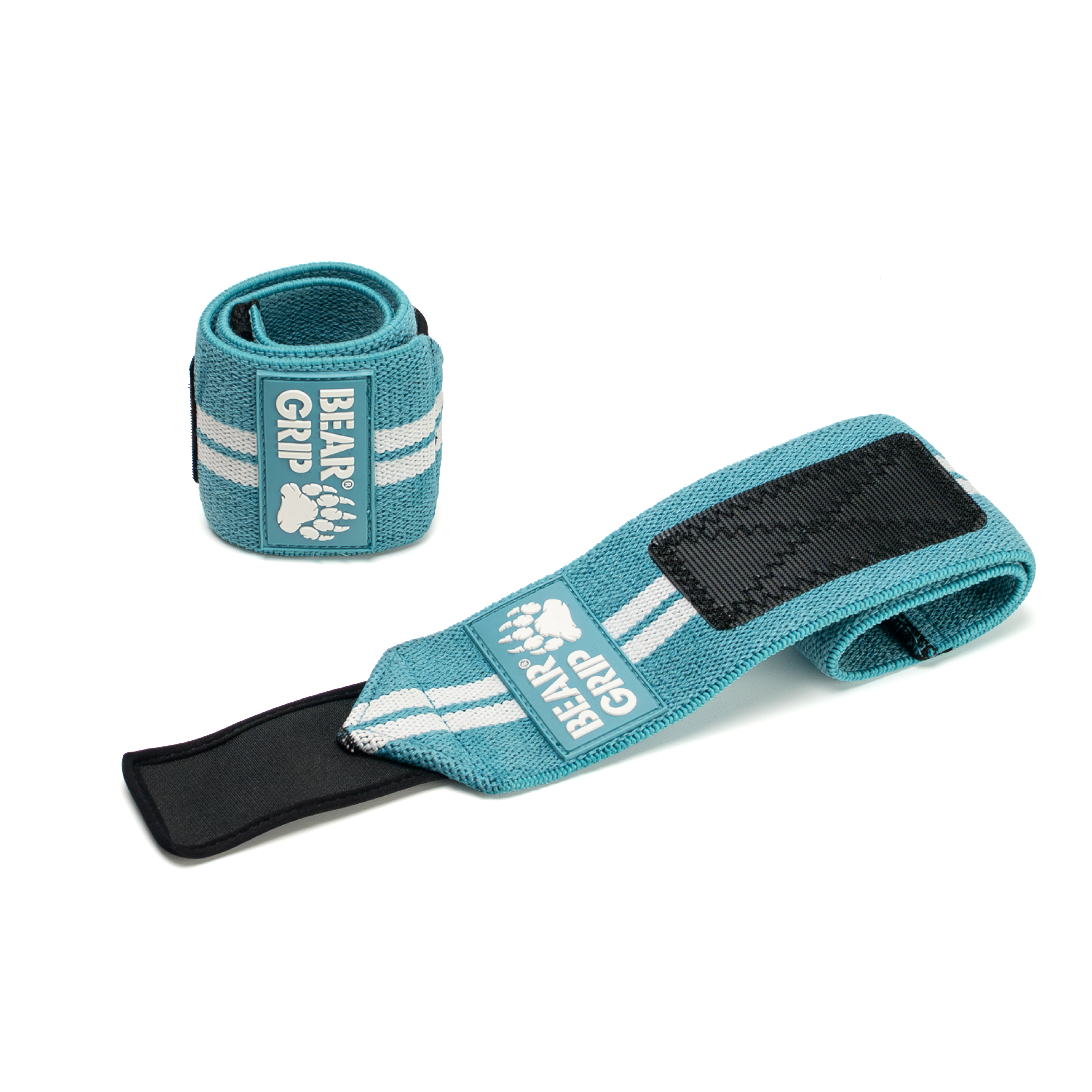 BEAR GRIP baby blue wrist wraps, one upright and one laid flat, with textured straps and logo patch on a white background.