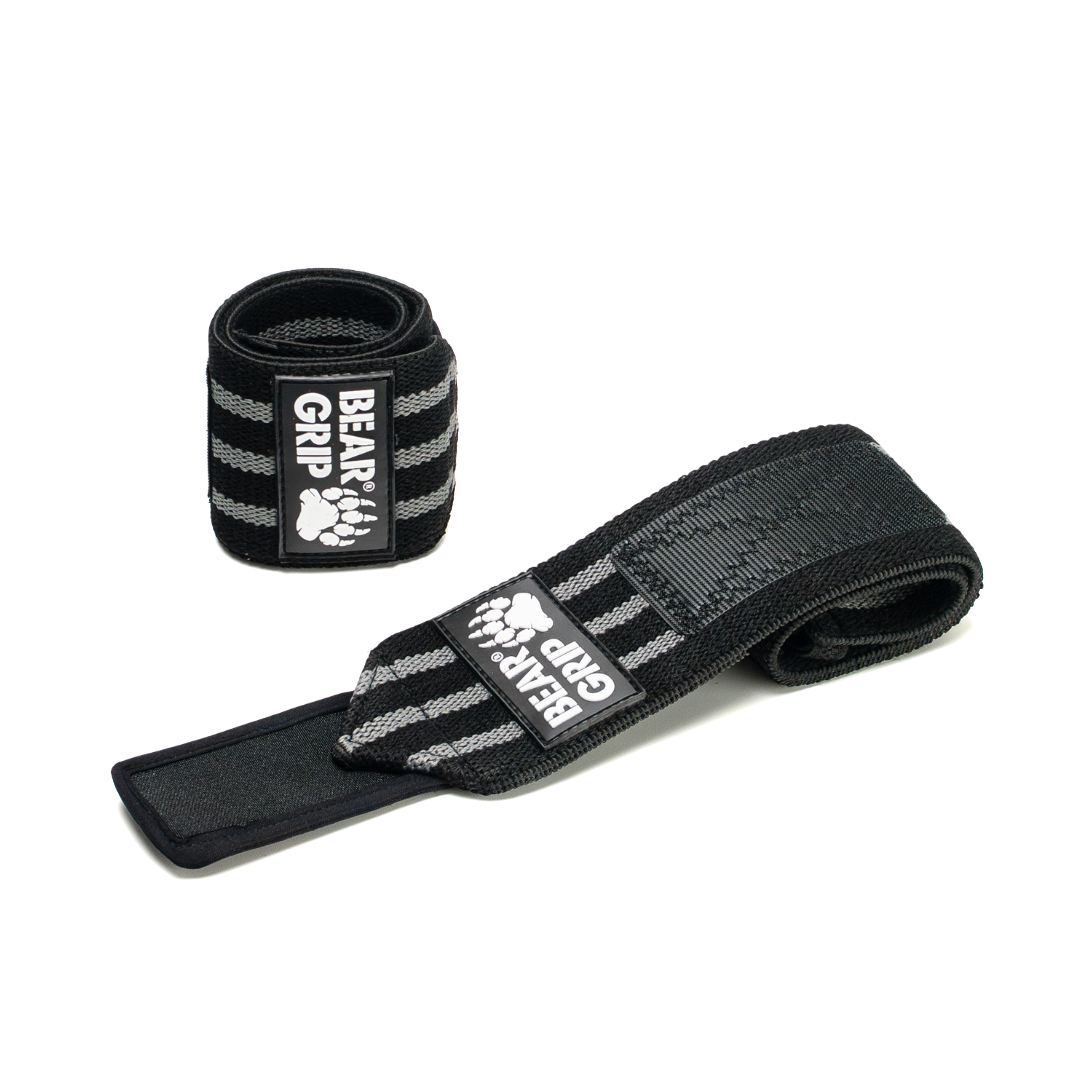 BEAR GRIP black and grey wrist wraps, one upright and one laid flat, with textured straps and logo patch on a white background.