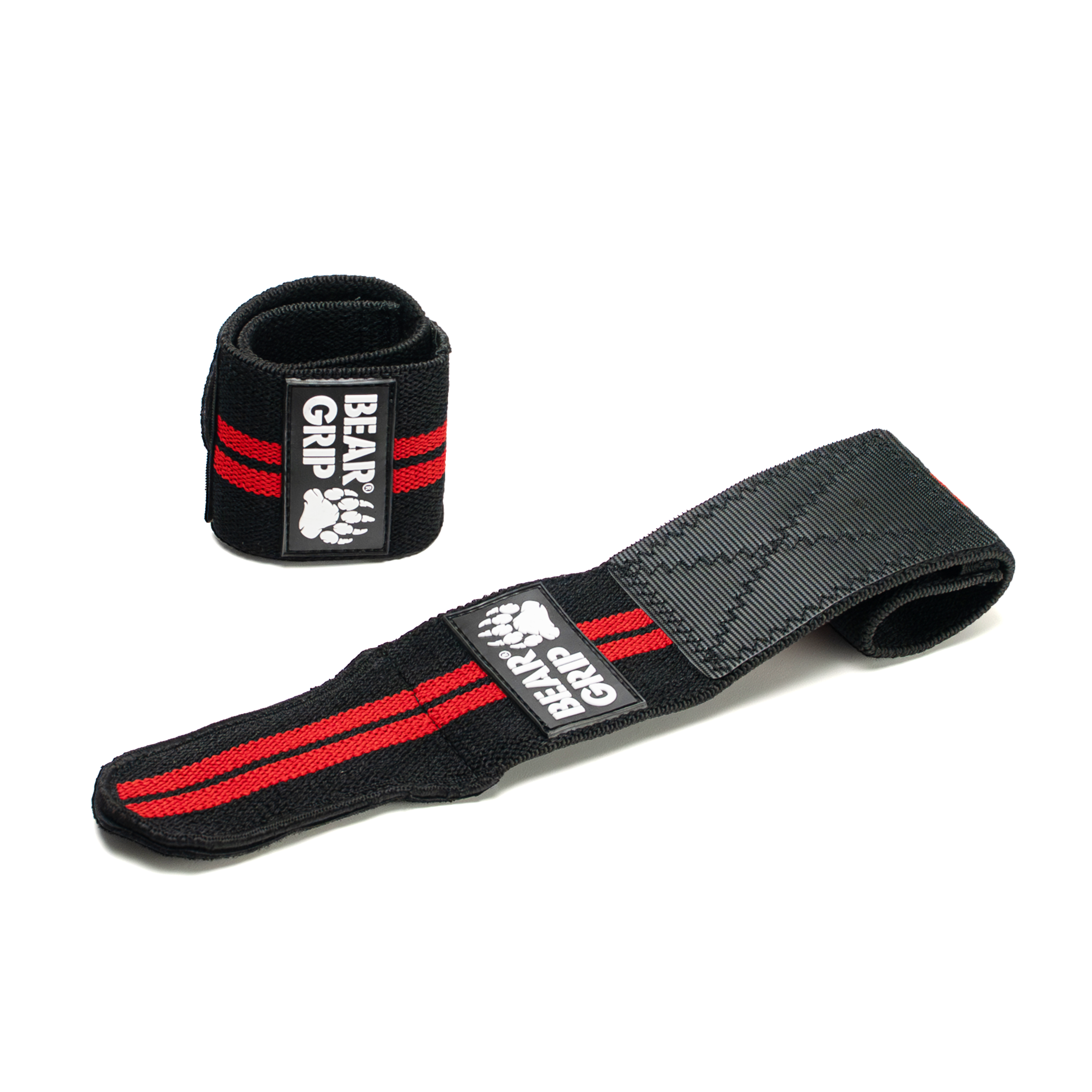 BEAR GRIP black and red edge wrist wraps, one upright and one laid flat, with textured straps and logo patch on a white background.
