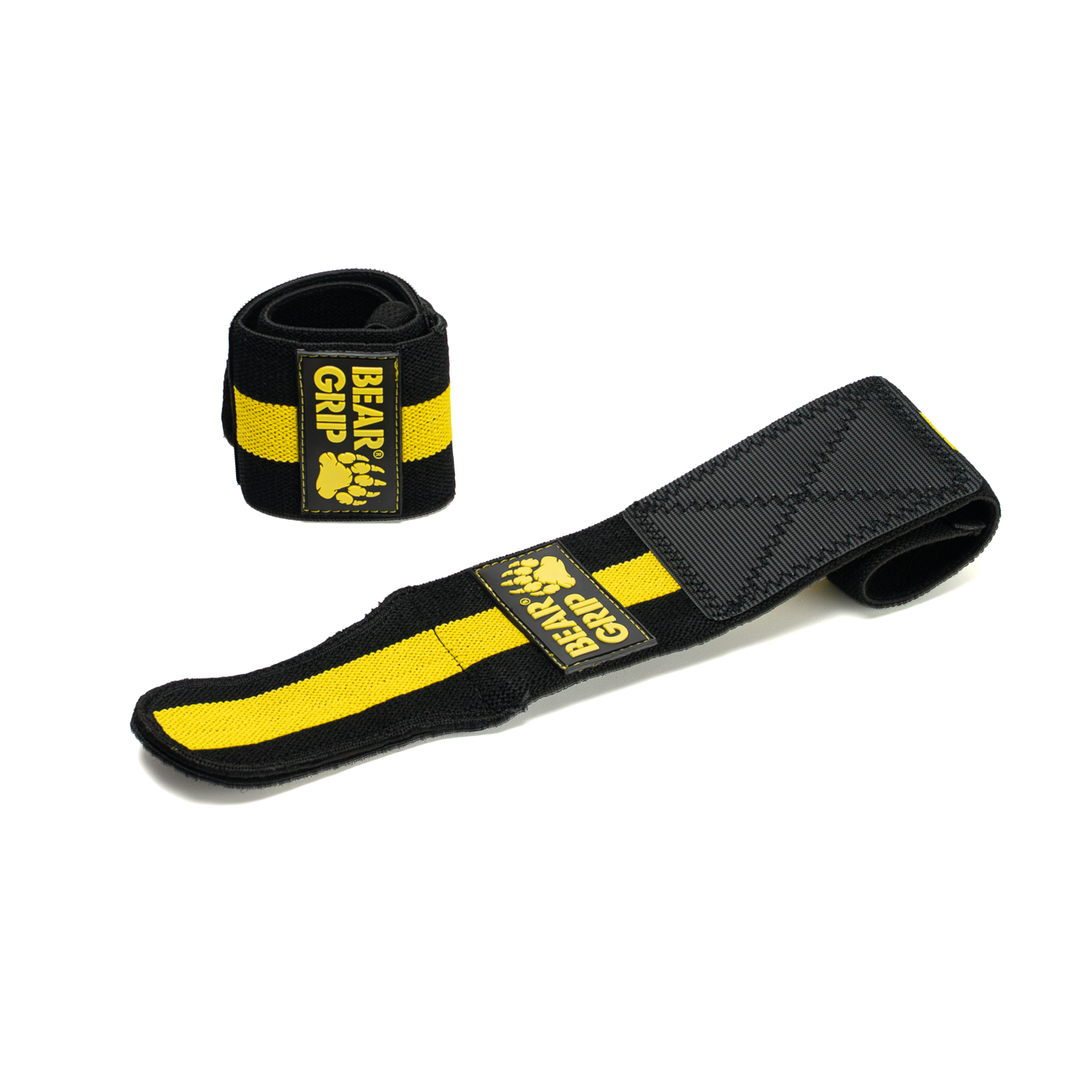 BEAR GRIP Black and Yellow Edge wrist wraps, one upright and one laid flat, with textured straps and logo patch on a white background.