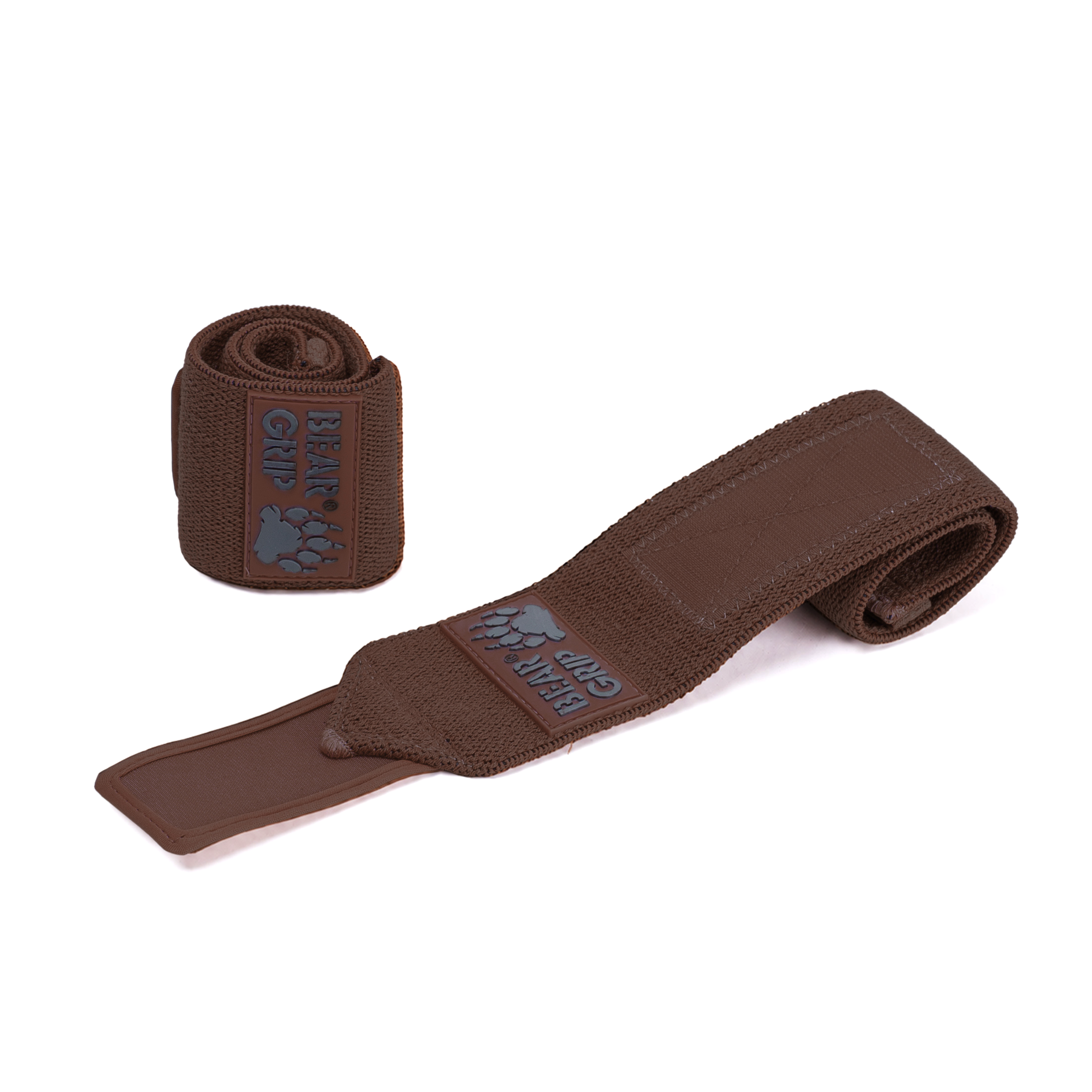 BEAR GRIP brown wrist wraps, one upright and one laid flat, with textured straps and logo patch on a white background.