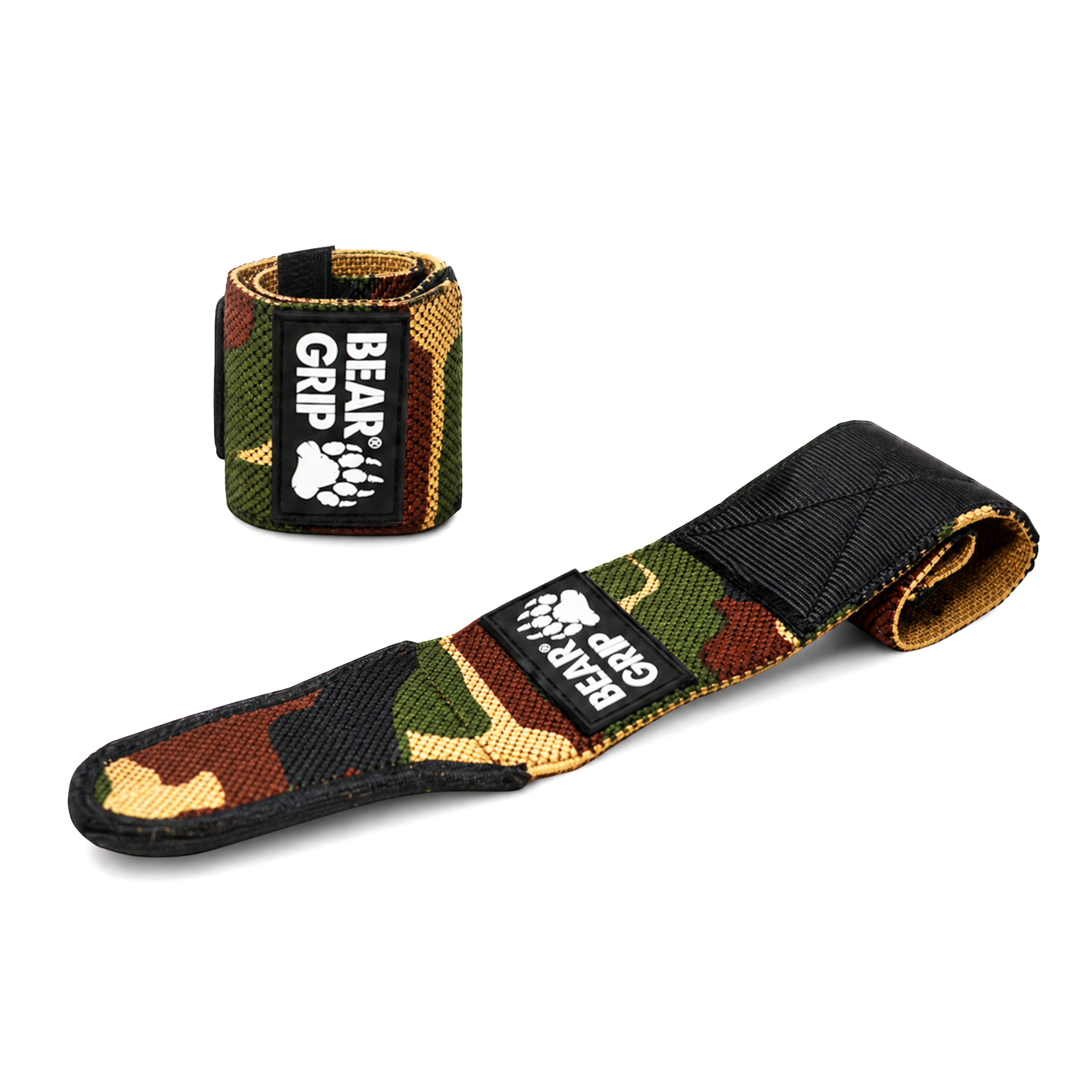 BEAR GRIP forest camo wrist wraps, one upright and one laid flat, with textured straps and logo patch on a white background.