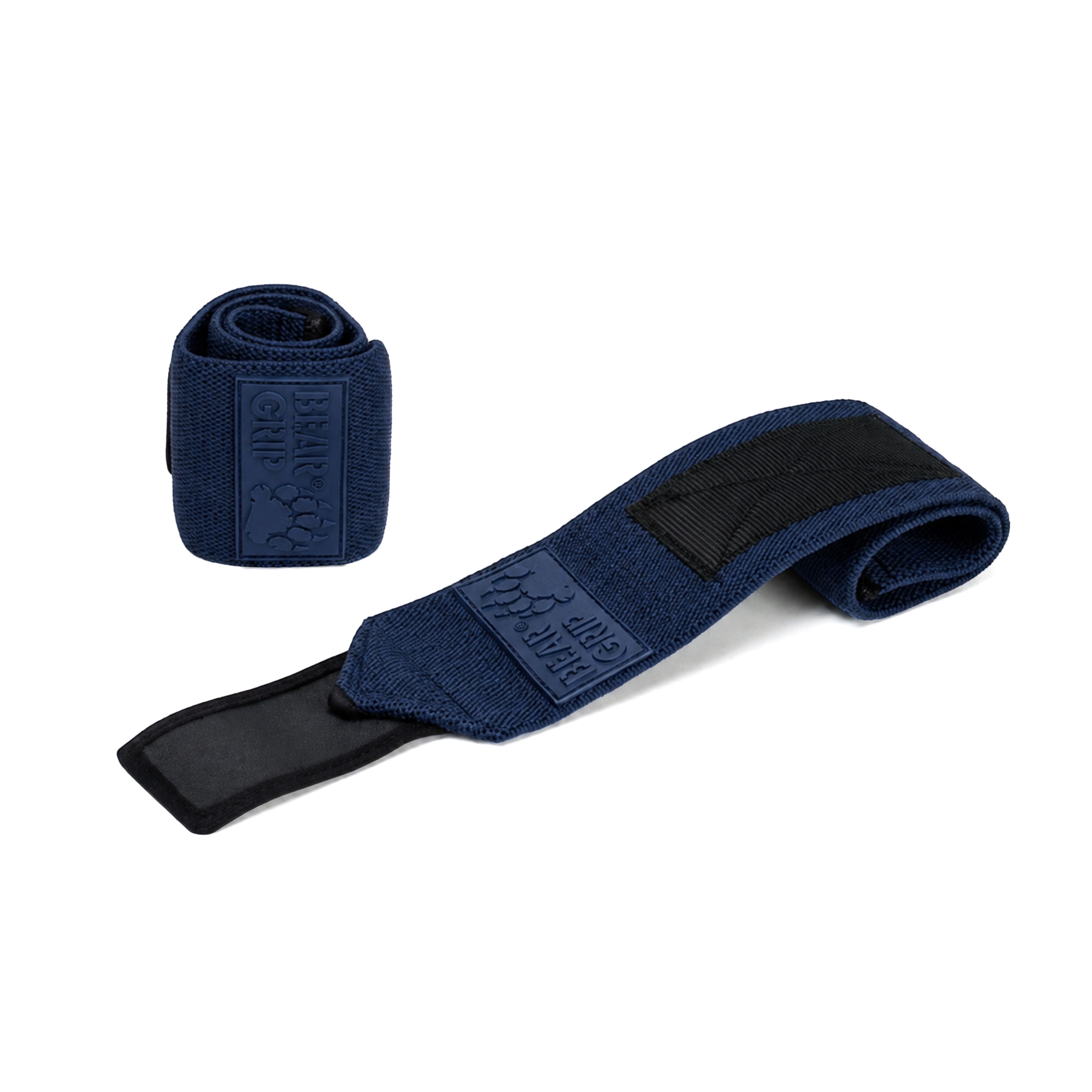 BEAR GRIP navy blue wrist wraps, one upright and one laid flat, with textured straps and logo patch on a white background.