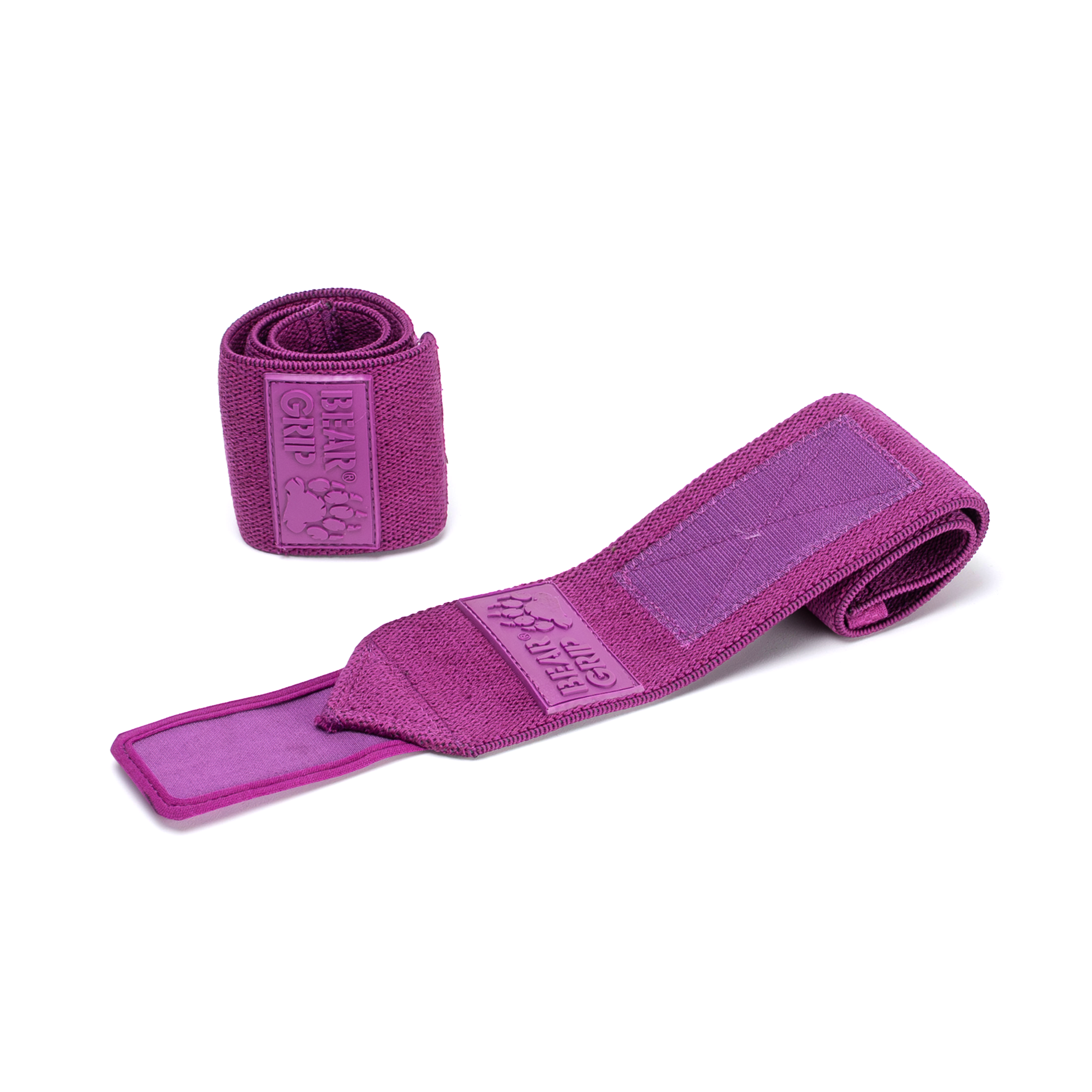 BEAR GRIP purple wrist wraps, one upright and one laid flat, with textured straps and logo patch on a white background.
