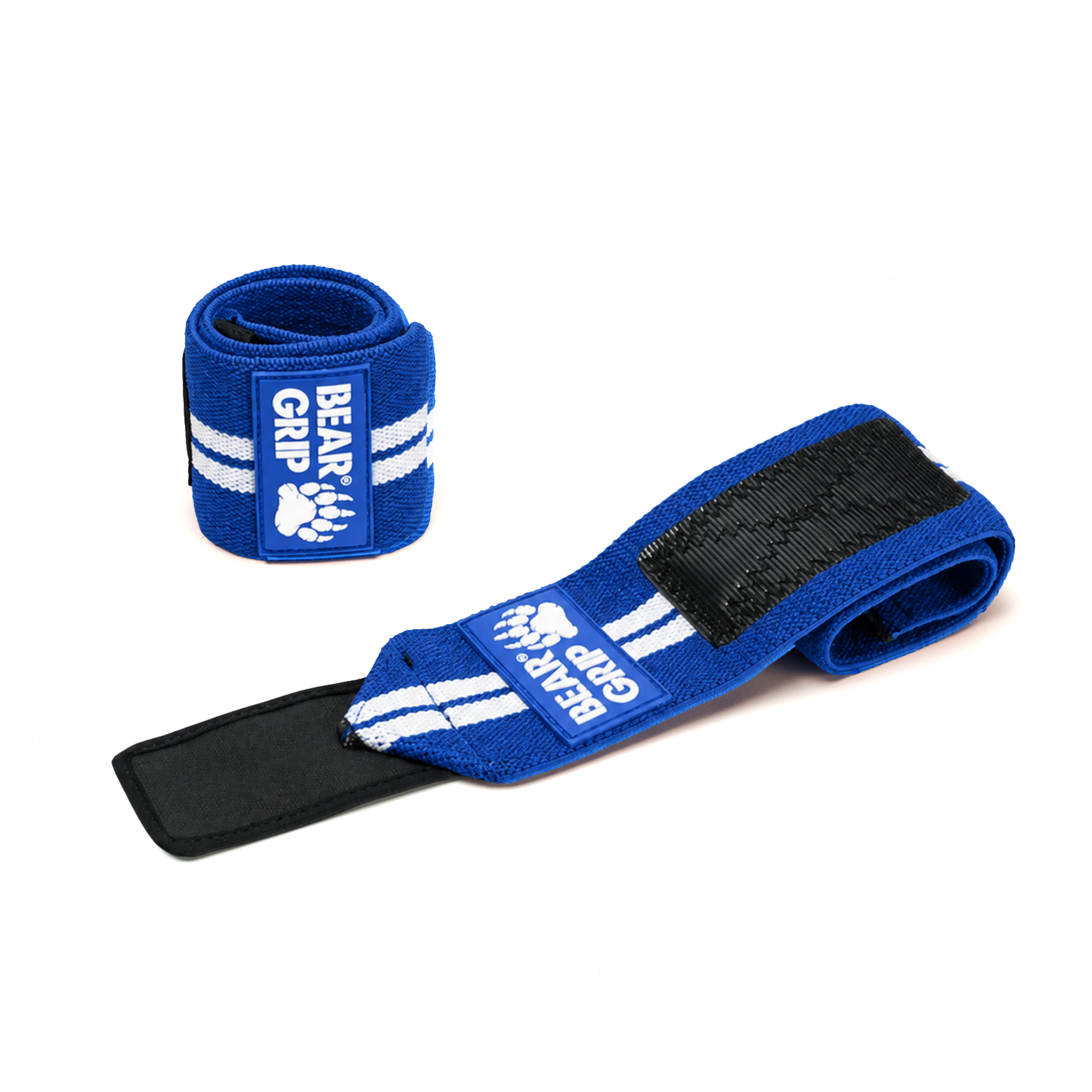 BEAR GRIP royal blue wrist wraps, one upright and one laid flat, with textured straps and logo patch on a white background.