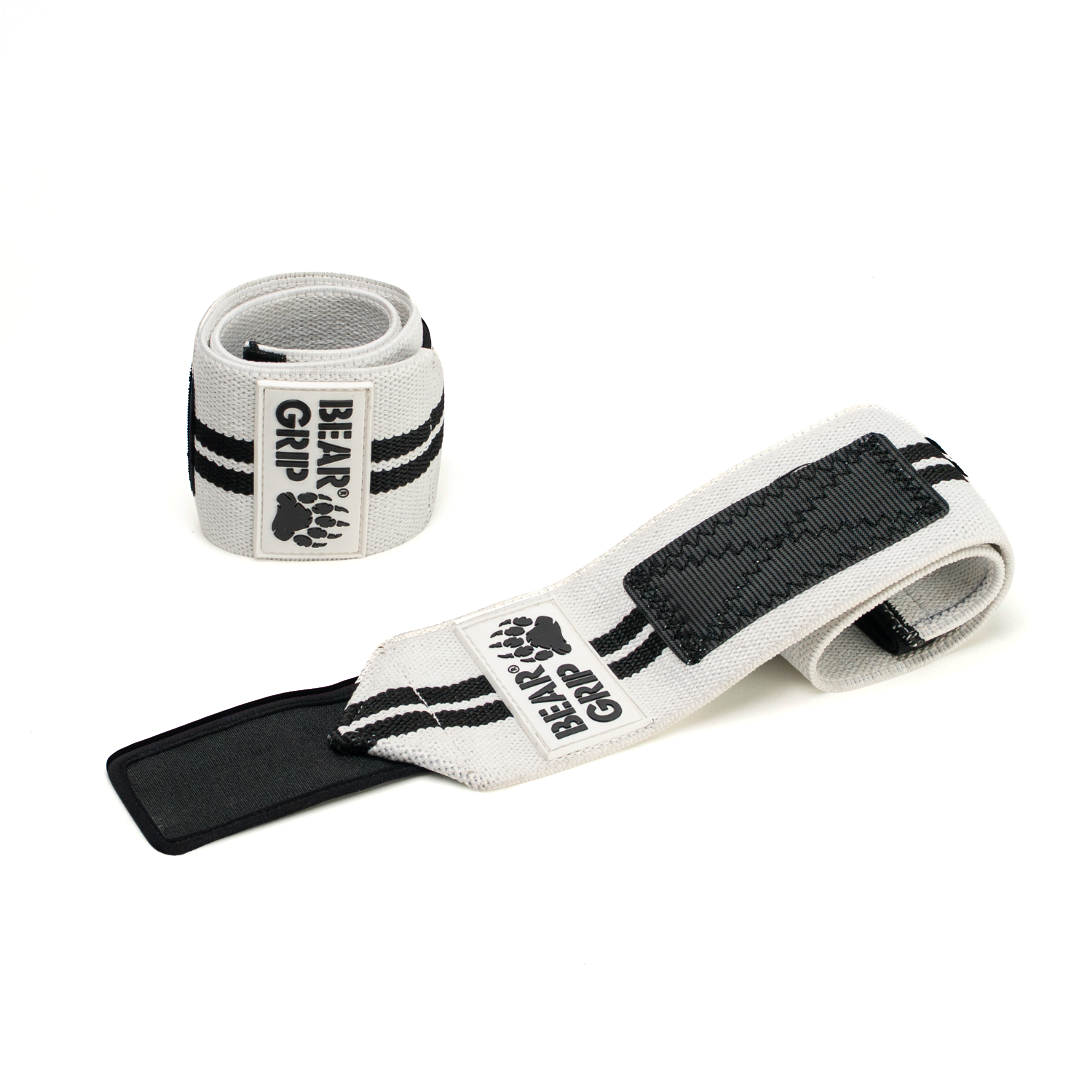 BEAR GRIP white wrist wraps, one upright and one laid flat, with textured straps and logo patch on a white background.
