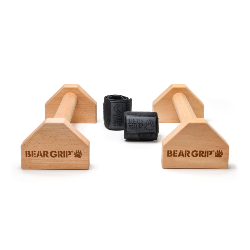 Wooden Parallettes Push Up Bars with Wrist Wraps