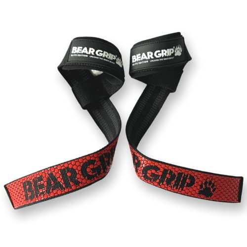 BEAR GRIP Straps - Premium Neoprene padded Heavy Duty double stitched weight lifting gym straps, Gel grip, 100% cotton, Extra long length (Black Elite)