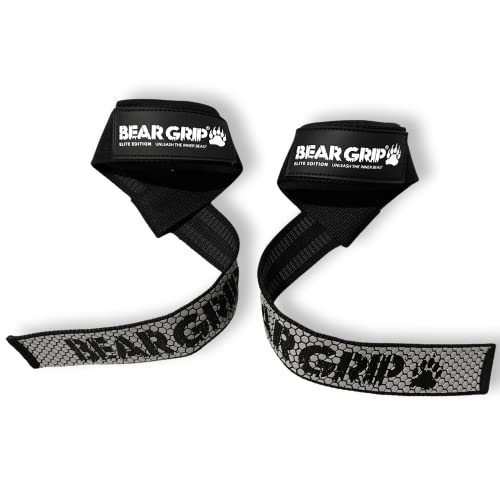 BEAR GRIP Straps - Premium Neoprene padded Heavy Duty double stitched weight lifting gym straps, Gel grip, 100% cotton, Extra long length (Elite Grey)