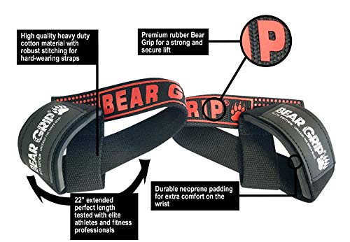 BEAR GRIP Straps - Premium Neoprene padded Heavy Duty double stitched weight lifting gym straps, Gel grip, 100% cotton, Extra long length (Black Elite)